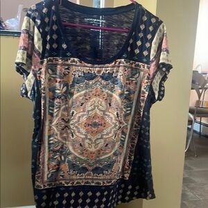 Women’s Lucky Brand orange & navy blue Graphic Short Sleeve Blouse, Sz 1X